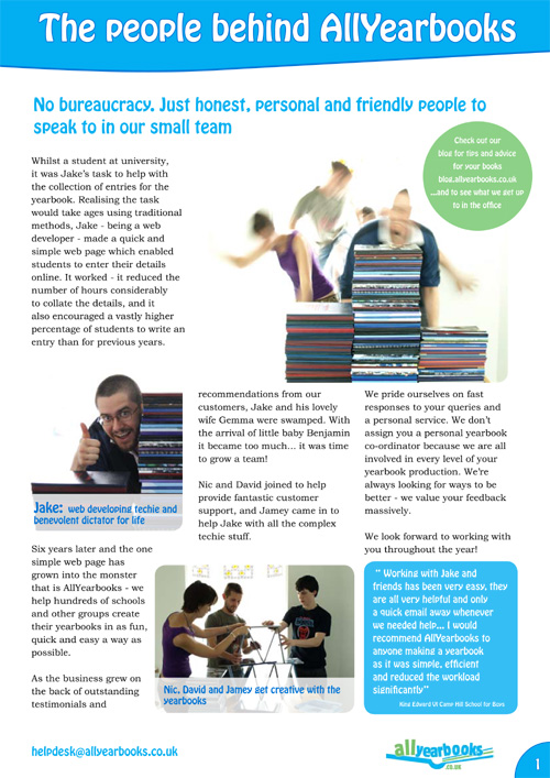 First page of our yearbook information packs